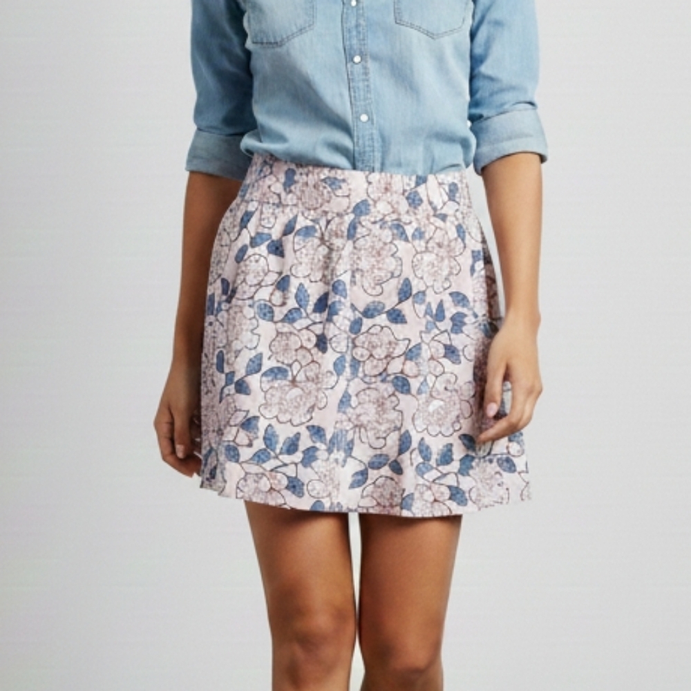 LOFT Blue and Pink Smocked Floral Skater Mini Skirt